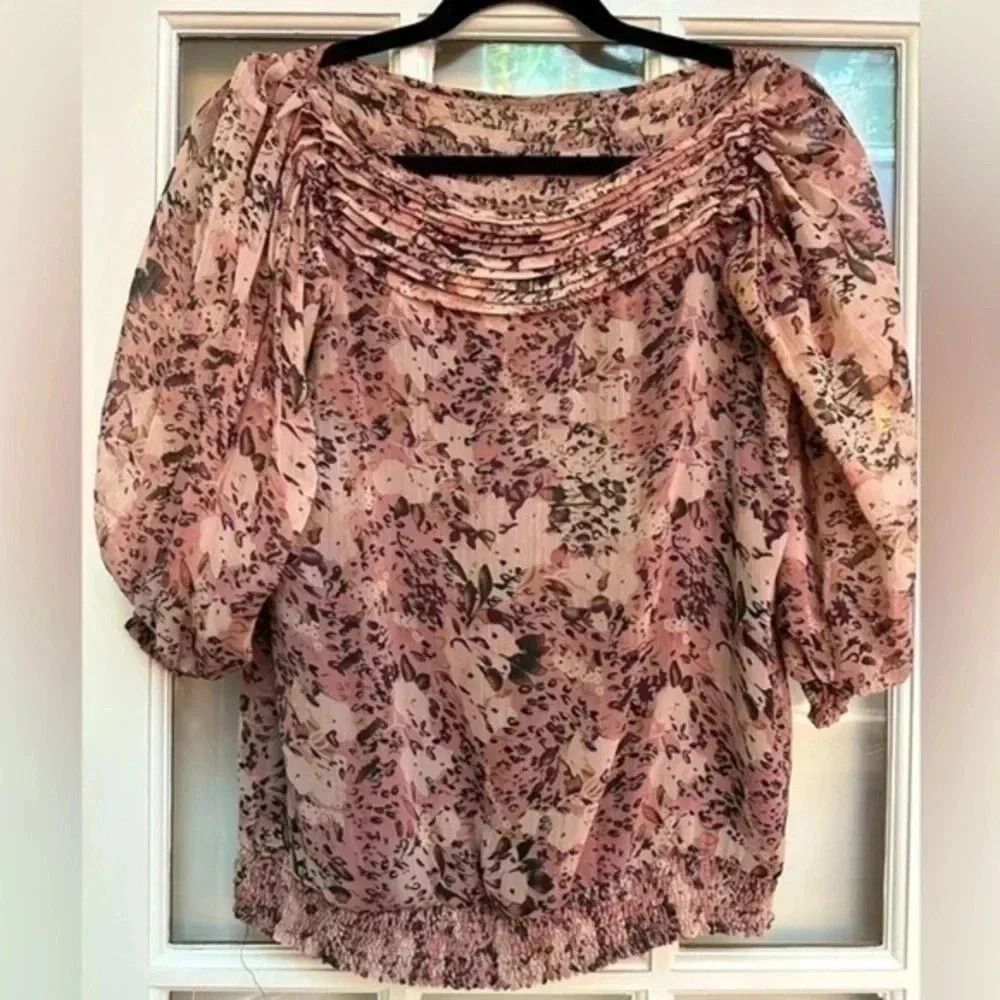 Vintage BCBGMAXAZRIA Y2K Dusty Rose Bohemian Puff Sleeves Floral Blouse Size XS